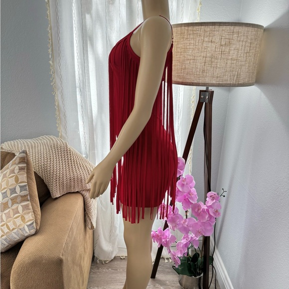 Red Retro Sheath Dress Size S Small Fringe Tassel Spaghetti Strap Peep Pt Toe - Picture 3 of 14